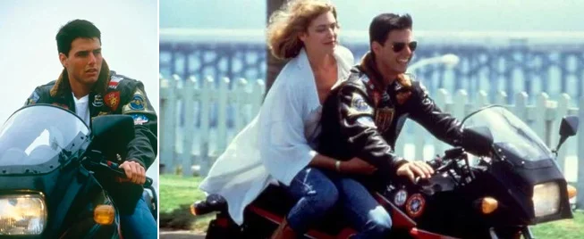 in Top Gun movie where Tom Cruise rides a Kawasaki in a brown leather bomber jacket covered in patches